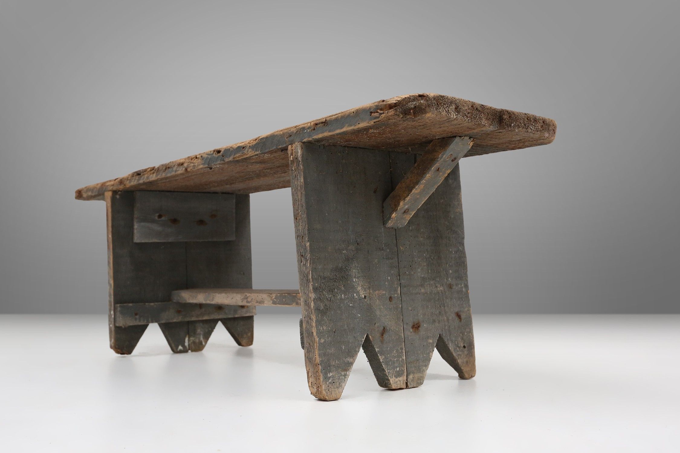 Unusual and charming grey wooden bench, France ca 1890thumbnail